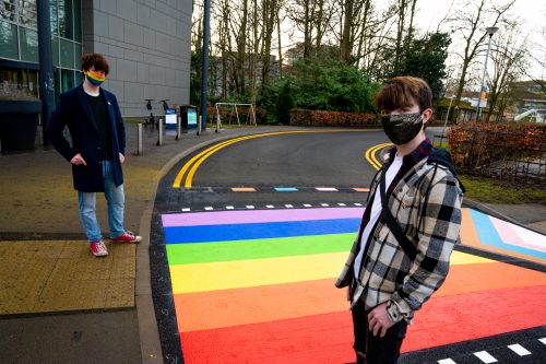 YUSU LGBTQ Officers standing in front of the new inclusive road crossing