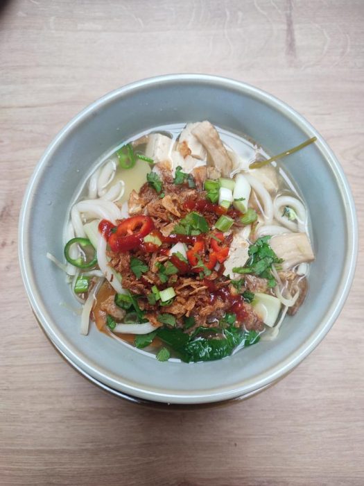 Ramen at the ron cooke hub - topped with chilis, spring onion, onion, mushrooms and tofu