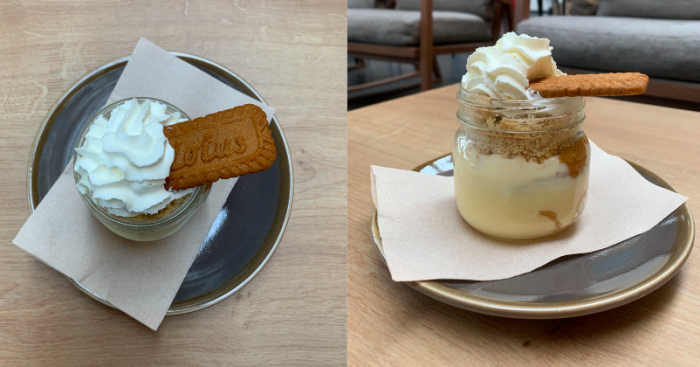 Crumle pots at the ron cooke hub - topped with whipped creme and biscoff. In a glass jar