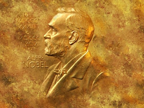 The Nobel Prize medal given to all winners of the prize, depicting a side profile of Alfred Nobel