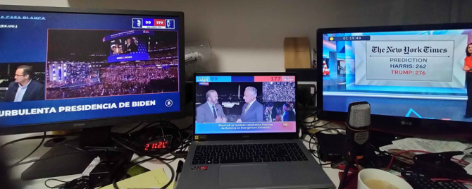 Coverage of the US election on three different networks, on three different screens. The time on the clock is 21:20 Eastern.