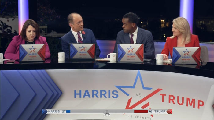 ITV's election night panel sit around a desk with "Harris vs Trump: The Results" on the front.