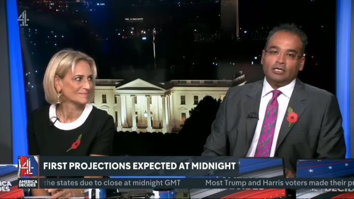 Emily Maitlis looks at Krishnan Guru-Murphy while they present the first few moments of Channel 4's election broadcast.