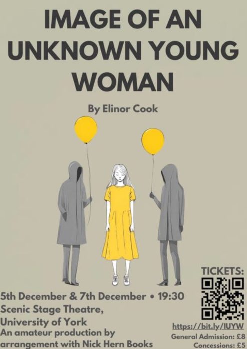 Poster showing a woman in a yellow dress in the center of two figures in grey, each holding a yellow balloon