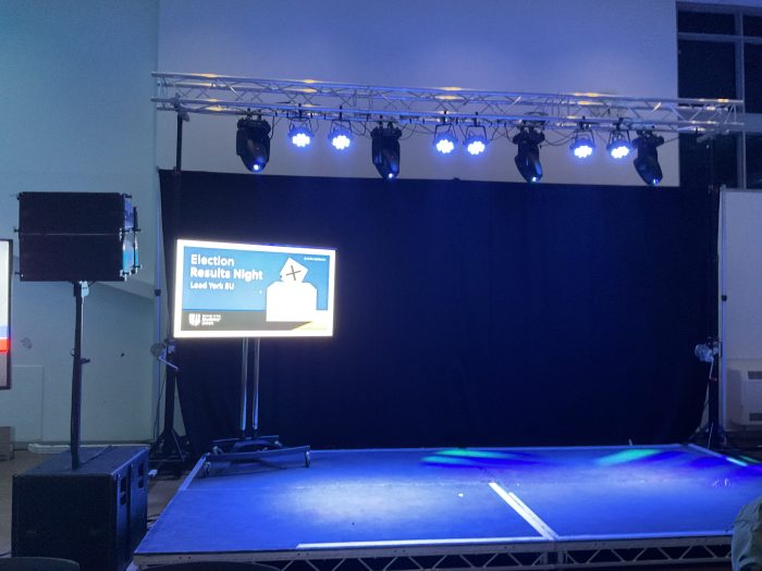 An empty stage with "Election Results Night" on a screen.