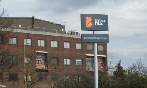 The sign from British Steel's headquarters in Scunthorpe, reading "Building stronger futures"