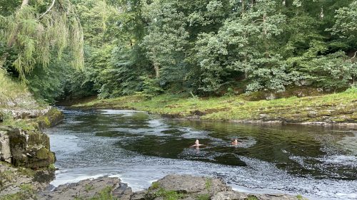 Two people swimming in River Ribble just downstream of Scalebar Force